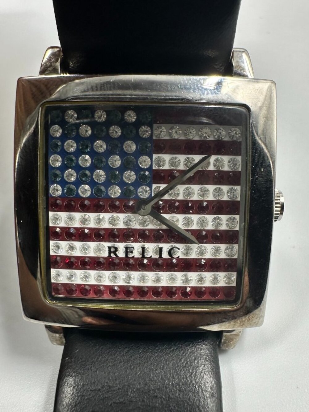 Relic Watch Women Silver Tone Rhinestone American Flag Dial New Battery 9 Inch